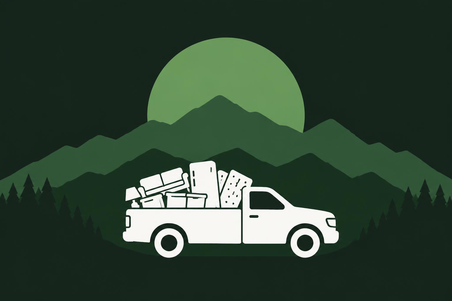 White hauling pickup carrying furniture in front of green mountains and a rising sun